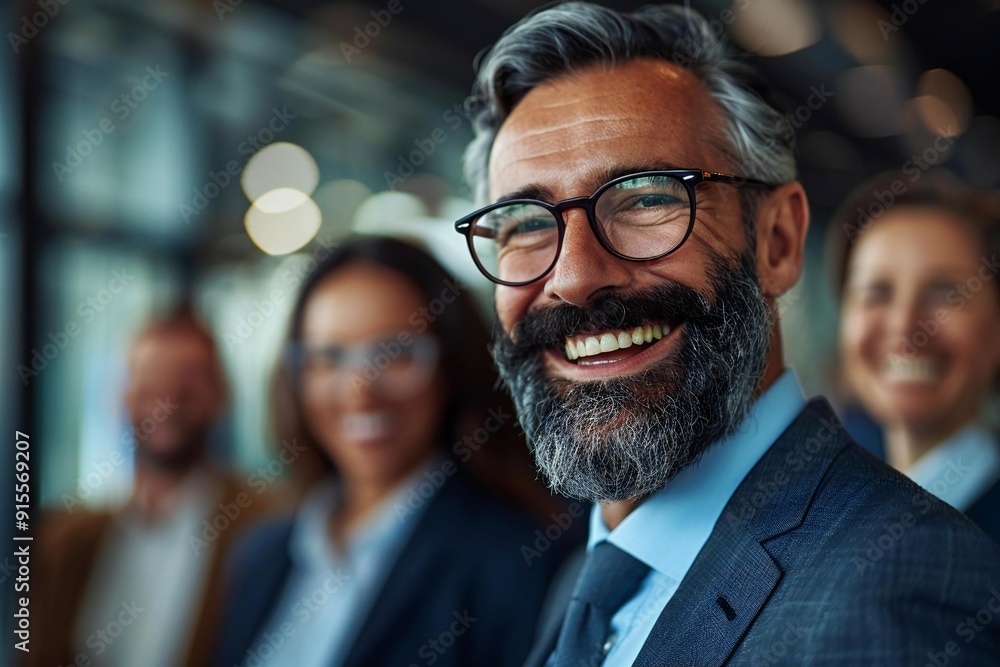 Fototapeta premium Laughing business professionals wearing eyeglasses and one individual with a well-groomed beard.