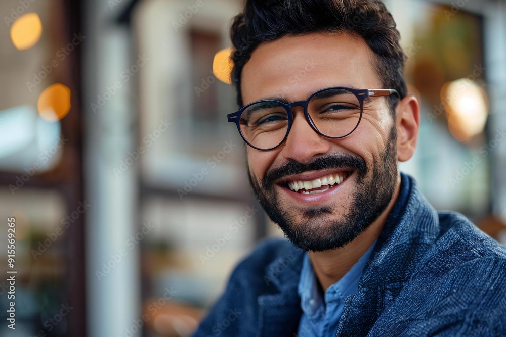 Close-up of a young businessman chatting with his colleague, both laughing and wearing eyeglasses. Close-up of a young businessman chatting with his colleague, both laughing and wearing eyeglasses.