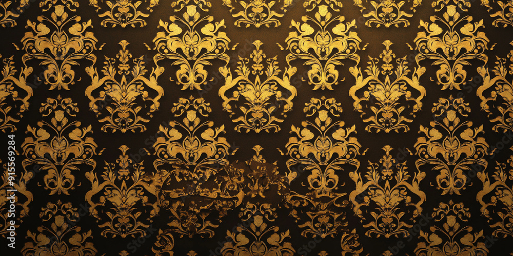 Golden damask-patterned wallpaper with a dark background Golden damask-patterned wallpaper with a dark background