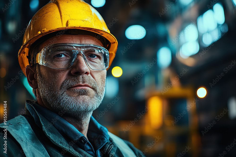 Professional middle-aged man in a steel plant with a yellow helmet and safety glasses, looking at the camera amidst a blurred industrial environment. Emphasizes safety and professional work. Professional middle-aged man in a steel plant with a yellow helmet and safety glasses, looking at the camera amidst a blurred industrial environment. Emphasizes safety and professional work.