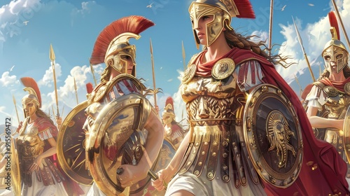 Warriors in armor and helmets advance with shields, readying for battle amidst a clear sky