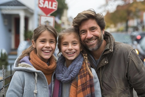 Portrait of laughing young family with a sale sign outside their home.