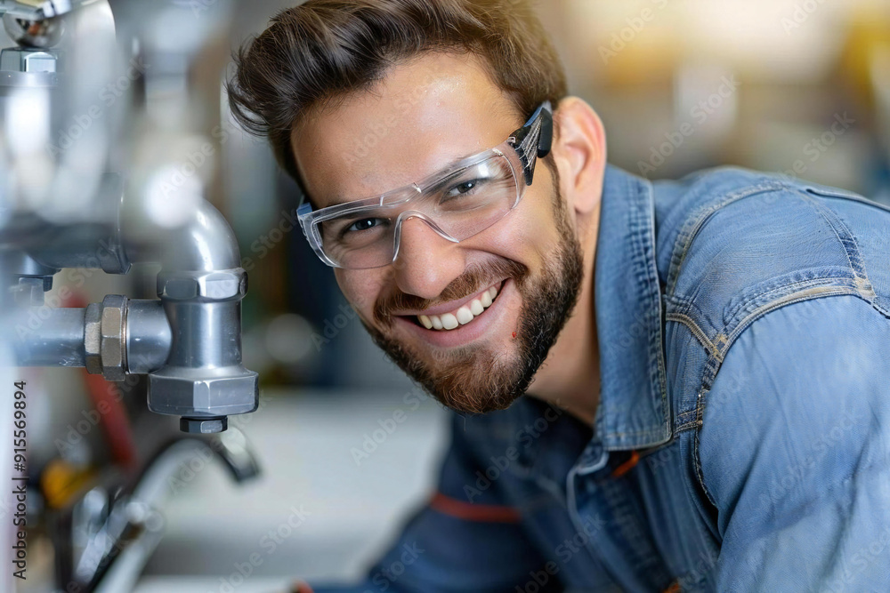 Happy young male plumber with a well-groomed beard installing sink pipe in bathroom, while wearing eyeglasses. Happy young male plumber with a well-groomed beard installing sink pipe in bathroom, while wearing eyeglasses.