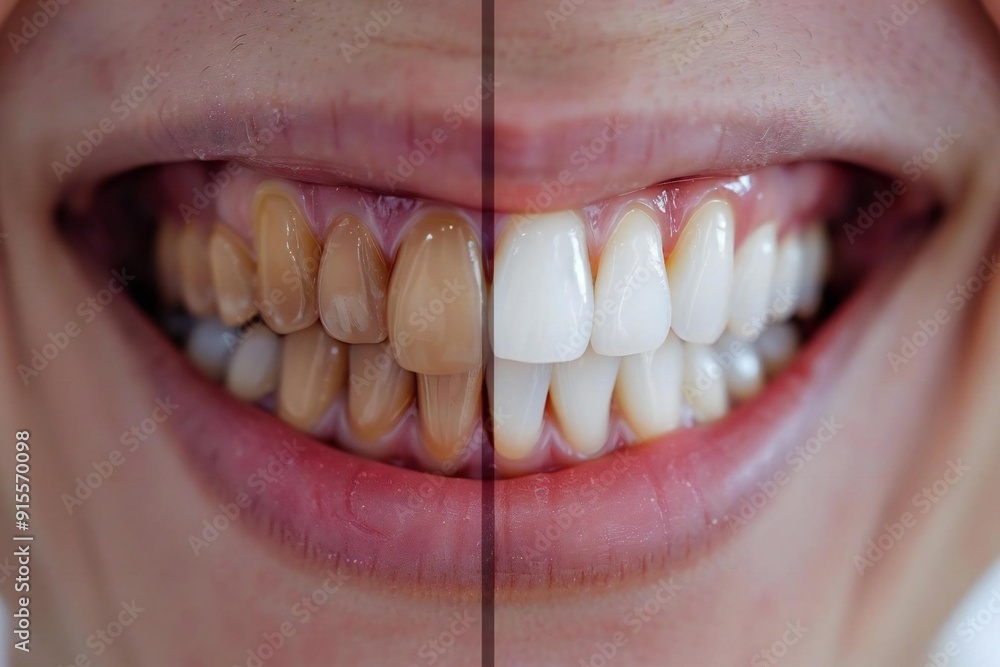 Fototapeta premium Close-up of a laughing woman's teeth before and after whitening, with some people wearing eyeglasses.