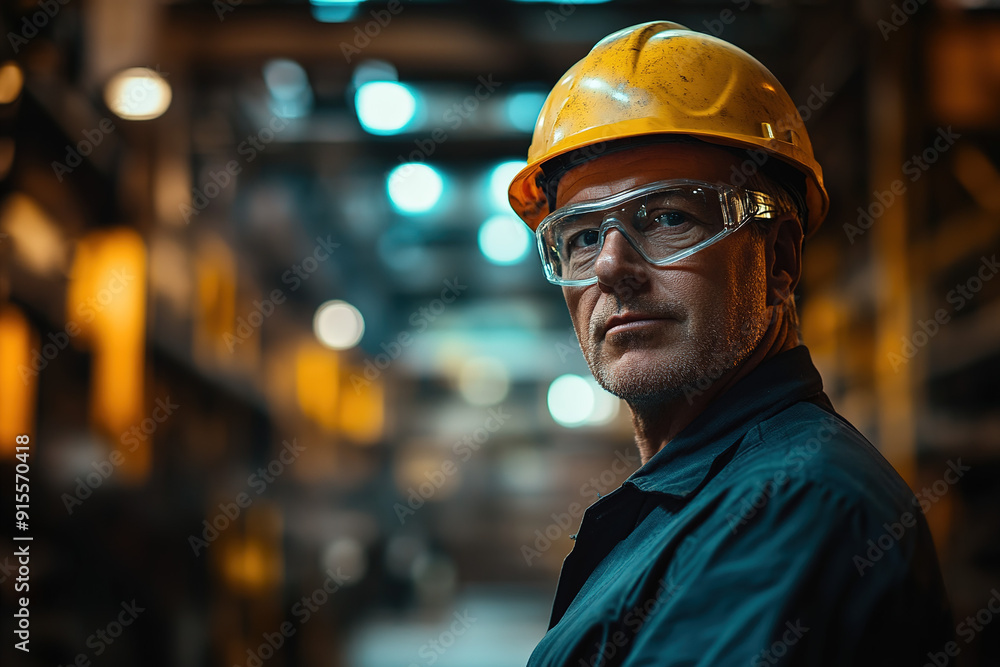 Middle-aged professional in a steel plant wearing safety glasses and a yellow helmet, posing with an out-of-focus industrial setting behind. Highlights safety and manufacturing expertise. Middle-aged professional in a steel plant wearing safety glasses and a yellow helmet, posing with an out-of-focus industrial setting behind. Highlights safety and manufacturing expertise.