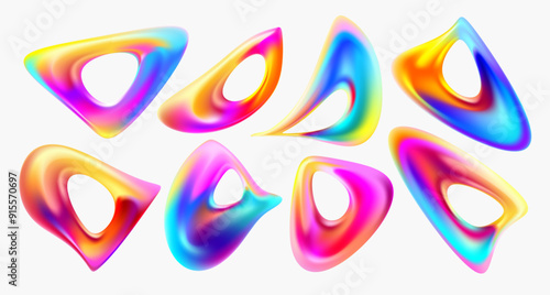 Set of iridescent fluid shapes and bubbles. Collection of colorful vector design elements.