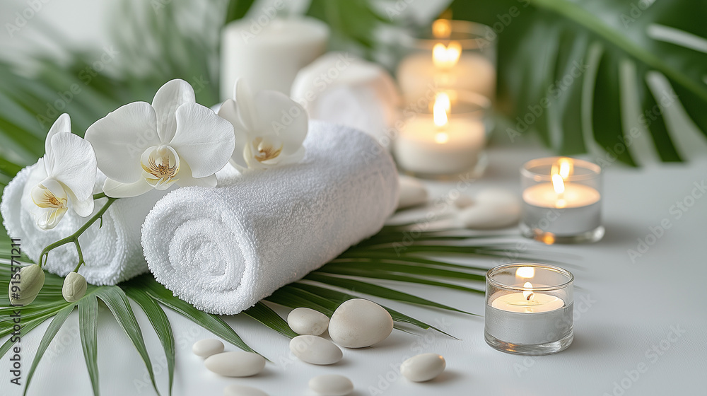A serene spa setup with rolled white towels, candles, orchids, and palm leaves on a white surface. A serene spa setup with rolled white towels, candles, orchids, and palm leaves on a white surface.