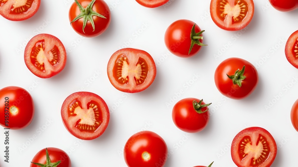 An overhead shot of tomatoes, some sliced, some whole, arranged in a geometric pattern on a white background, emphasizing symmetry An overhead shot of tomatoes, some sliced, some whole, arranged in a geometric pattern on a white background, emphasizing symmetry