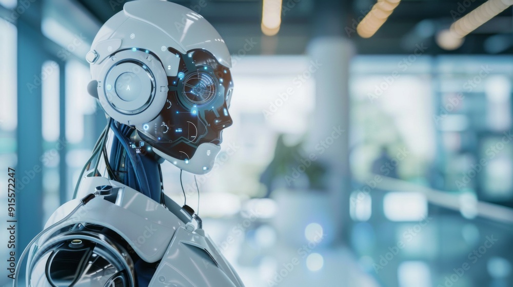 A robot with a white body and blue eyes stands in front of a window A robot with a white body and blue eyes stands in front of a window