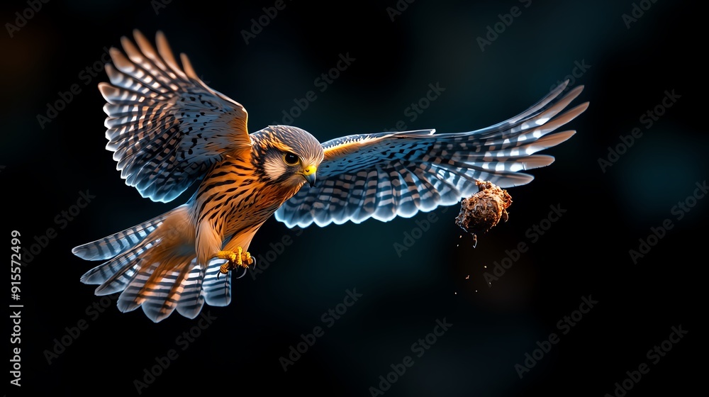 Fototapeta premium A falcon in flight with prey in its talons, against a dark background.