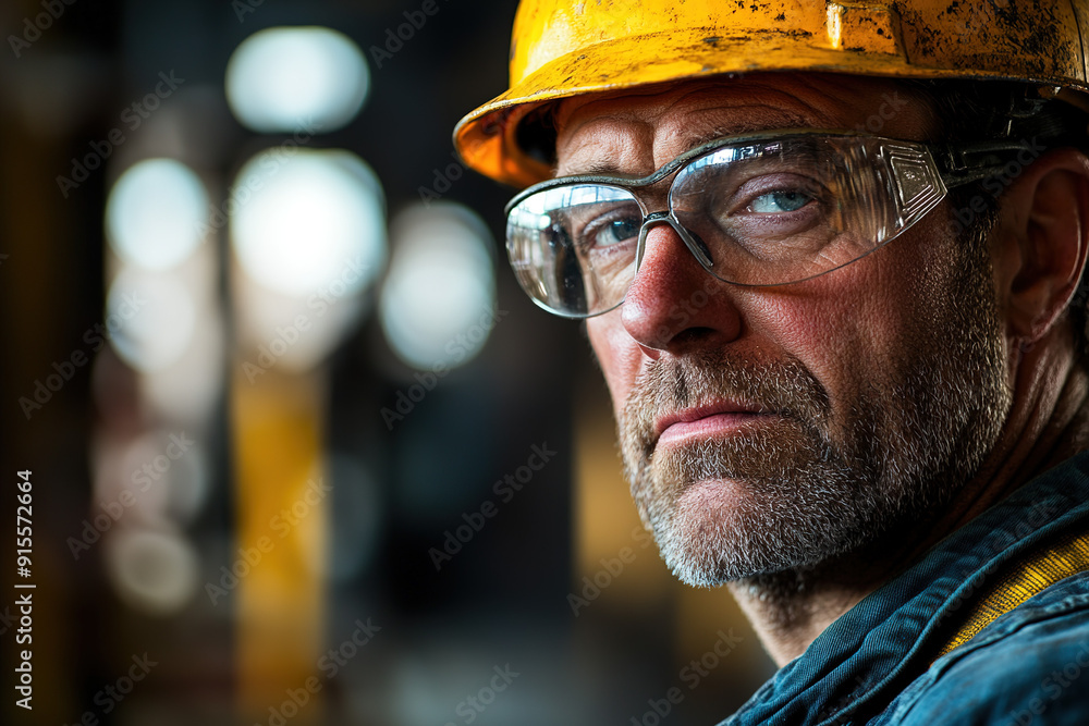 Professional middle-aged steel plant worker with safety glasses and a yellow helmet, looking at the camera in a blurred industrial setting. Highlights safety, industry, and skilled labor. Professional middle-aged steel plant worker with safety glasses and a yellow helmet, looking at the camera in a blurred industrial setting. Highlights safety, industry, and skilled labor.