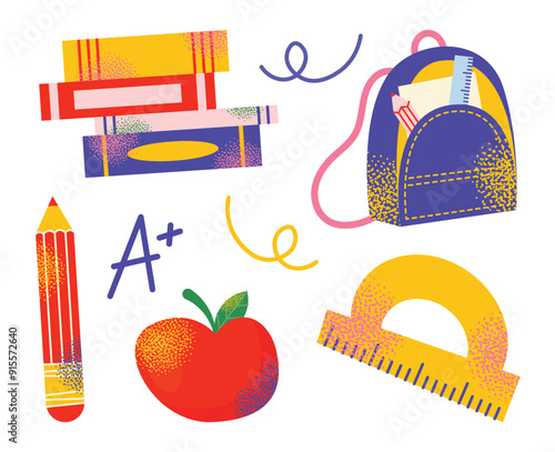Set of school supplies and education colorful stickers. Back to school kids education concept. Backpack, book, paints, ruler, pencil, brushes. Vector illustration isolated on background