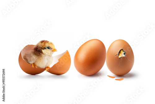 A baby chick just hatched while another chick is breaking through the egg shell in a generative AI image of chicken eggs isolated on a white background.