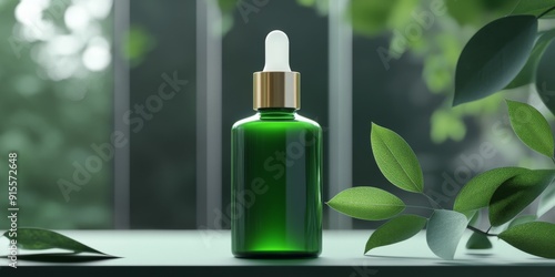 A bottle of green glass serum with an eyedropper cap, surrounded by leaves and plants