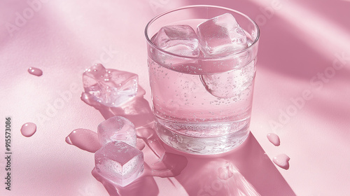 A glass of sparkling water with ice cubes on a pink surface, casting soft shadows.