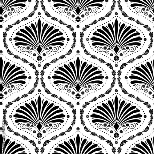 Seamless pattern with black anthemion floral shapes and ogee geometrical motifs on a white background. Monochrome classic abstract repeat wallpaper.