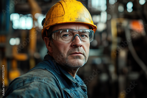 Dedicated middle-aged worker in a steel plant, donning safety glasses and a yellow helmet, posing for a photo with a blurred factory environment. Focuses on industrial safety and professionalism.