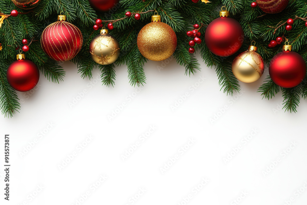 Fototapeta premium Red and Gold Christmas Ornaments Hanging from Pine Branches