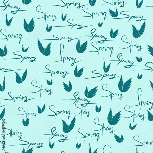 image of the word spring written with a motley brush against a background of bright fireflies for prints on greeting cards, stickers, as well as clothes