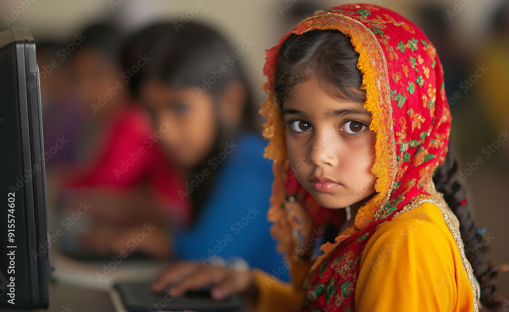 A young girl in traditional clothing using a computer in a classroom, with a focused expression. A young girl in traditional clothing using a computer in a classroom, with a focused expression.