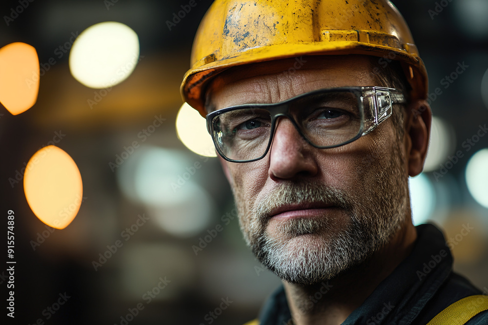 Middle-aged man in safety gear and yellow helmet working in a steel plant, showcasing a professional stance against a blurred industrial background. Emphasizes safety and industrial expertise. Middle-aged man in safety gear and yellow helmet working in a steel plant, showcasing a professional stance against a blurred industrial background. Emphasizes safety and industrial expertise.