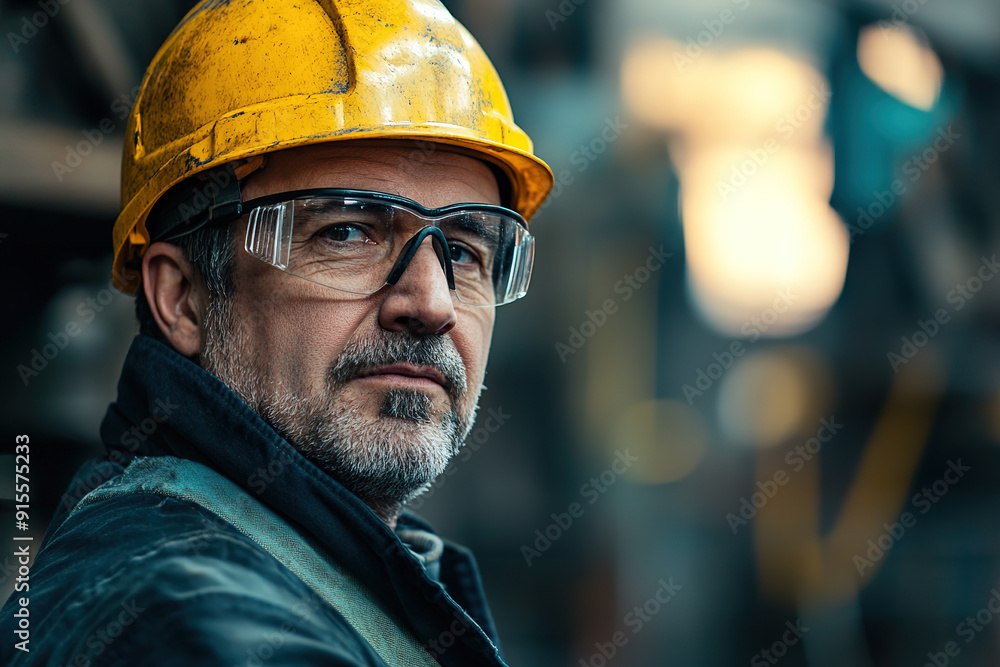 Experienced middle-aged factory worker in a steel plant wearing a yellow helmet and safety glasses, standing confidently with an industrial backdrop. Highlights safety and professionalism in a manufac Experienced middle-aged factory worker in a steel plant wearing a yellow helmet and safety glasses, standing confidently with an industrial backdrop. Highlights safety and professionalism in a manufac