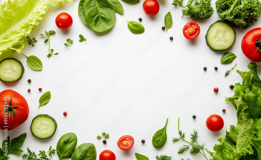 Fresh vegetables and herbs arranged in a border around a white background. Fresh vegetables and herbs arranged in a border around a white background.