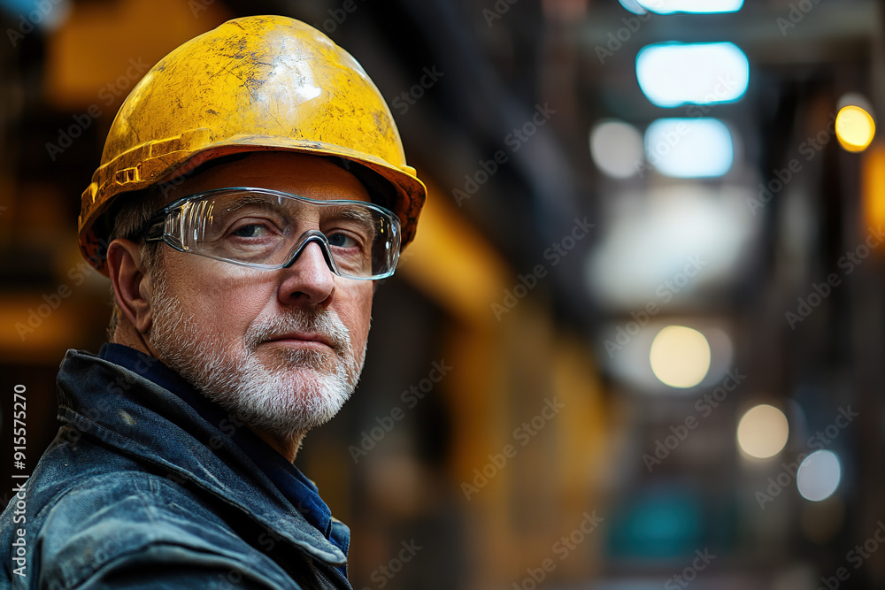 Experienced middle-aged factory worker in a steel plant wearing a yellow helmet and safety glasses, standing confidently with an industrial backdrop. Highlights safety and professionalism in a manufac Experienced middle-aged factory worker in a steel plant wearing a yellow helmet and safety glasses, standing confidently with an industrial backdrop. Highlights safety and professionalism in a manufac