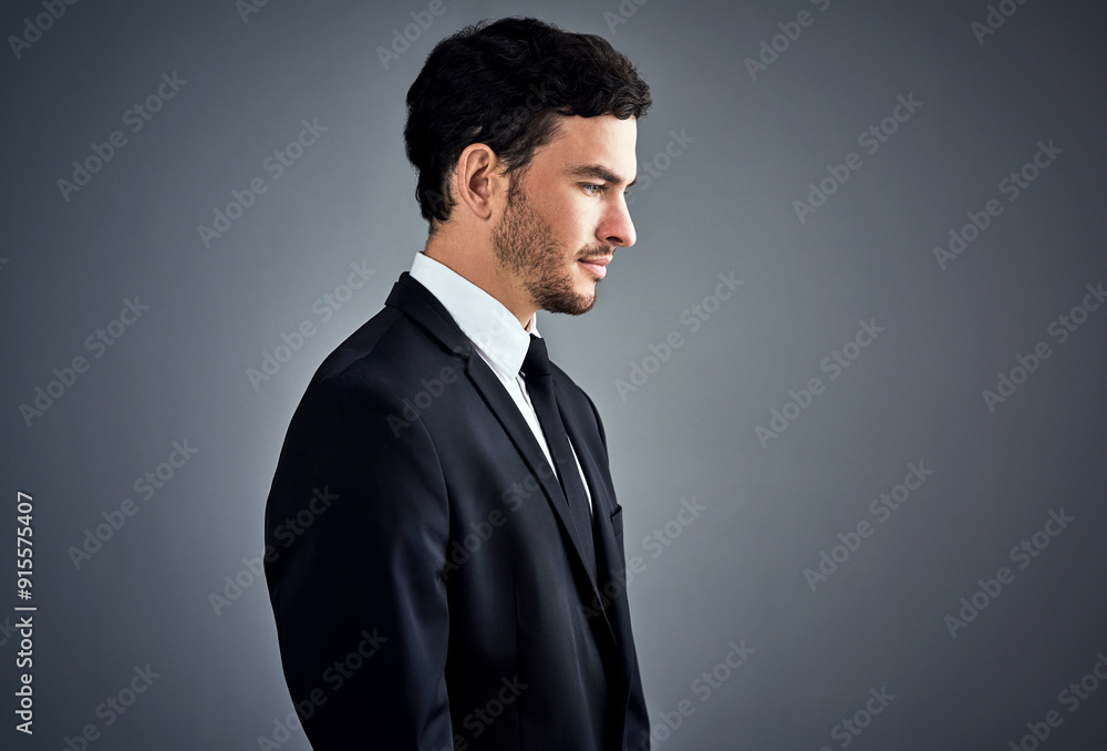 Man, thinking and suit in studio for business, job opportunity and growth in company. Wall street, broker and reflection on gray background space for question career path, doubt and unsure for future Man, thinking and suit in studio for business, job opportunity and growth in company. Wall street, broker and reflection on gray background space for question career path, doubt and unsure for future