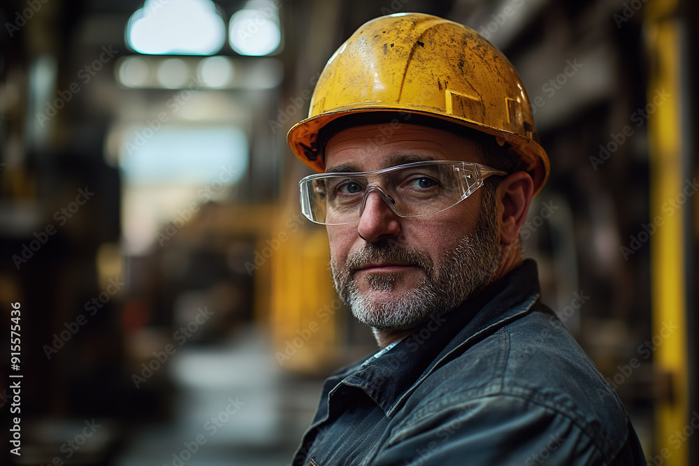 Experienced middle-aged factory worker in a steel plant wearing a yellow helmet and safety glasses, standing confidently with an industrial backdrop. Highlights safety and professionalism in a manufac Experienced middle-aged factory worker in a steel plant wearing a yellow helmet and safety glasses, standing confidently with an industrial backdrop. Highlights safety and professionalism in a manufac