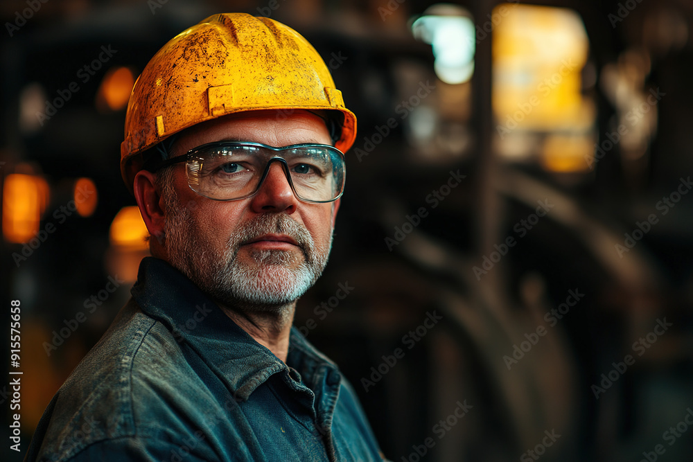 Confident middle-aged worker in a steel plant wearing safety glasses and a yellow helmet, posing for the camera with a blurred industrial background. Emphasizes safety, industry, and professionalism Confident middle-aged worker in a steel plant wearing safety glasses and a yellow helmet, posing for the camera with a blurred industrial background. Emphasizes safety, industry, and professionalism