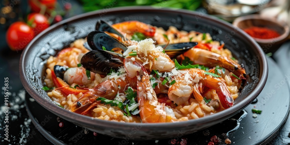 Classic Italian Risotto with Seafood Shrimp Mussels and Parmesan Cheese
