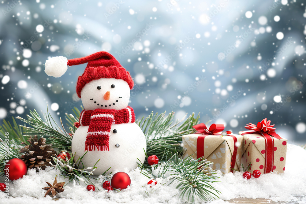 Festive Snowman With Presents In Snowy Winter Wonderland Festive Snowman With Presents In Snowy Winter Wonderland