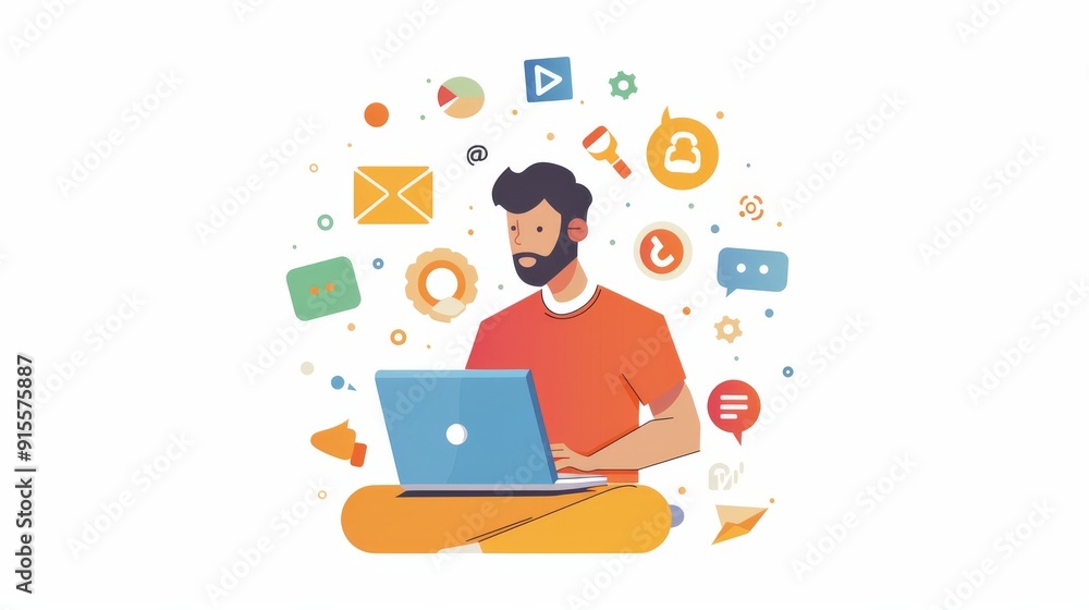 Man Working on Laptop with Social Media Icons - Digital Marketing Concept Man Working on Laptop with Social Media Icons - Digital Marketing Concept