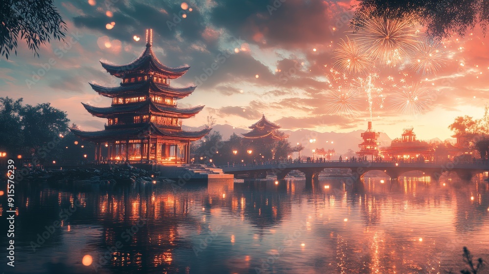 Fototapeta premium Festival with Fireworks and Traditional Architecture