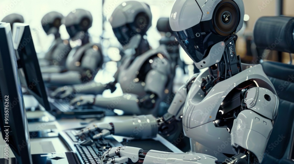 A group of robots are working on a computer A group of robots are working on a computer