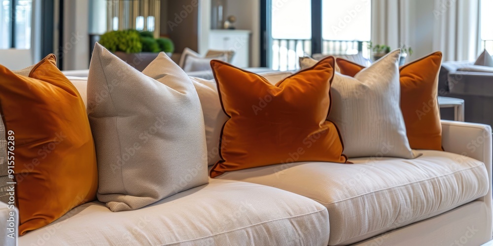 Modern living room interior with beige throw pillows Modern living room interior with beige throw pillows