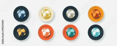 Colorful globe icons in circular frames for PowerPoint slides