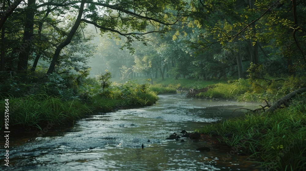 A tranquil river winding through a green forest. A tranquil river winding through a green forest.