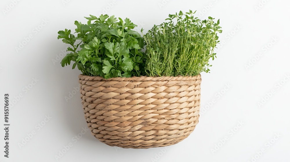 A rustic wall-mounted basket made from woven seaweed, filled with fresh kitchen herbs, creating a cozy and natural look for an eco-friendly kitchen A rustic wall-mounted basket made from woven seaweed, filled with fresh kitchen herbs, creating a cozy and natural look for an eco-friendly kitchen
