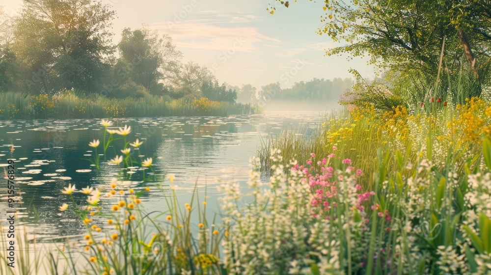 Fototapeta premium A tranquil riverbank with blooming flowers and tall grasses.