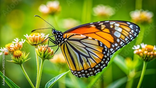 Vibrant Common Tiger butterfly with orange, white, and black wing patterns sips nectar from a flower in a lush, natural green field setting. photo