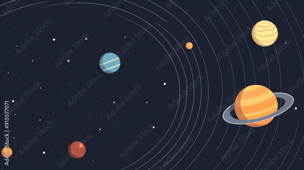 Minimalist depiction of the solar system, clean 2D vector illustration, basic orbits, and planets, plain design Minimalist depiction of the solar system, clean 2D vector illustration, basic orbits, and planets, plain design
