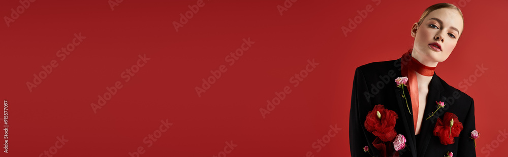 A beautiful woman showcases floral elegance in a captivating red setting. A beautiful woman showcases floral elegance in a captivating red setting.