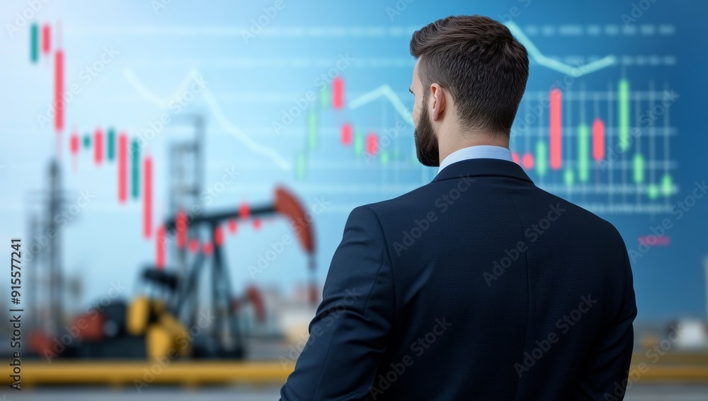 A businessman in a suit stands against the background of oil derricks and stock charts A businessman in a suit stands against the background of oil derricks and stock charts