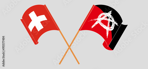 Crossed and waving flags of Switzerland and Anarchy