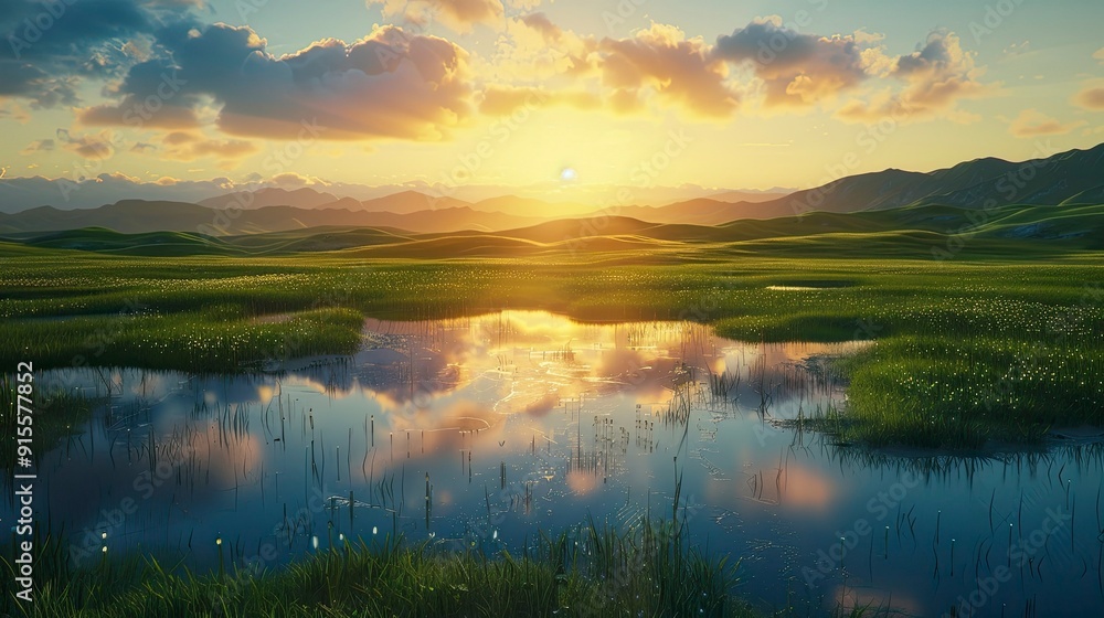 A tranquil sunrise over rolling hills with the sky reflecting in the wet grass. A tranquil sunrise over rolling hills with the sky reflecting in the wet grass.
