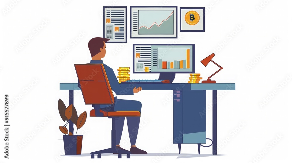 Fototapeta premium Cryptocurrency Trader Analyzing Charts at Desk