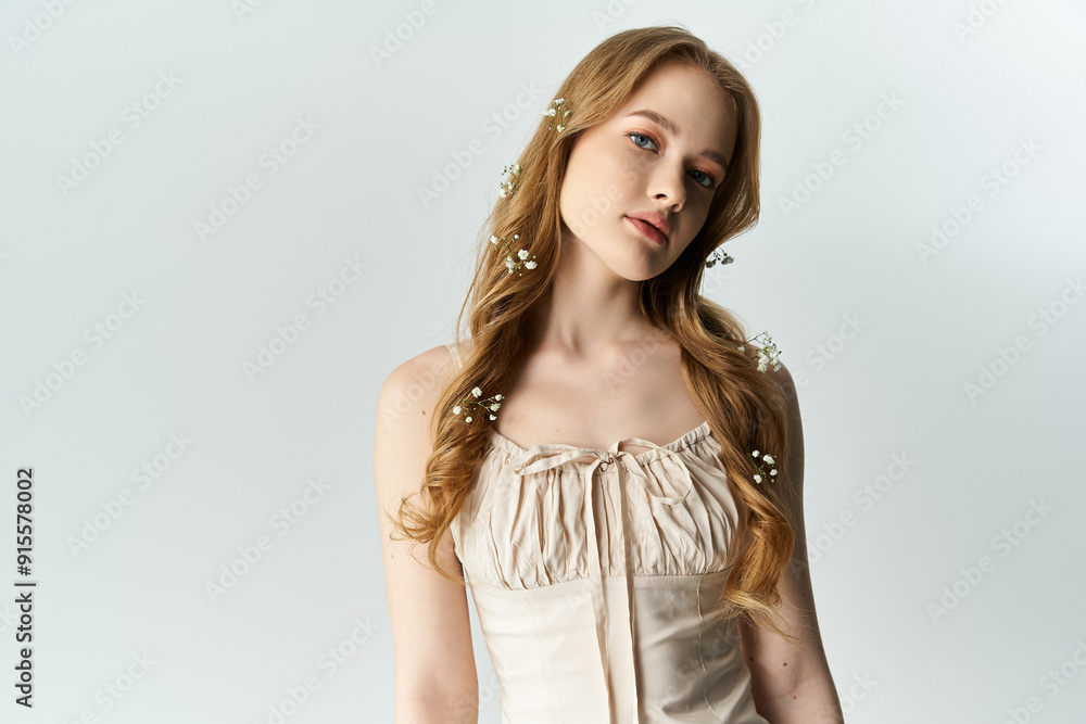 A young woman poses gracefully with flowers in her hair, radiating beauty. A young woman poses gracefully with flowers in her hair, radiating beauty.