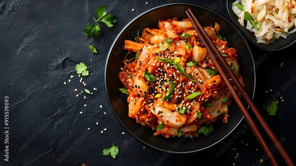 A vibrant bowl of kimchi with chopsticks, accompanied by other fermented foods like sauerkraut, showcasing their rich colors and health benefits A vibrant bowl of kimchi with chopsticks, accompanied by other fermented foods like sauerkraut, showcasing their rich colors and health benefits